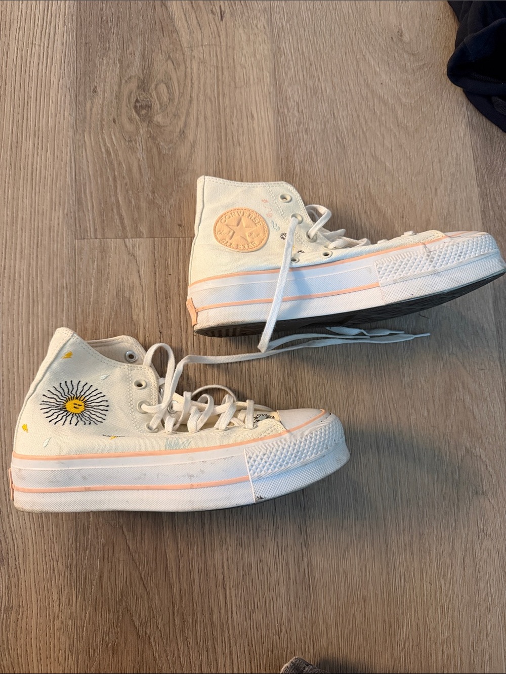Converse Cream High-Top Sneakers with Sun Motif and Peach Trim